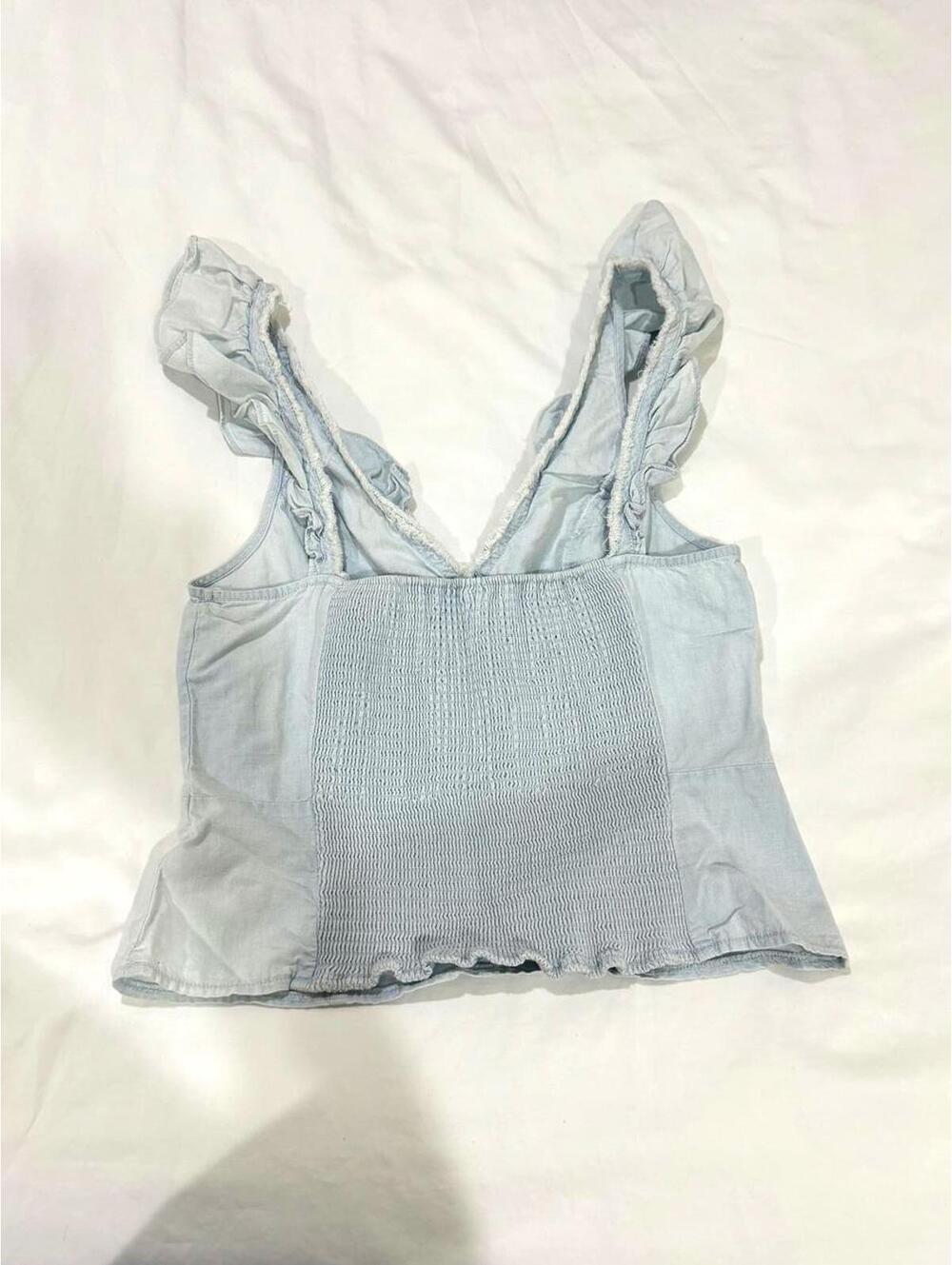 Free People Winona Light Wash Chambray Ruffle Top Small - Picture 5 of 9